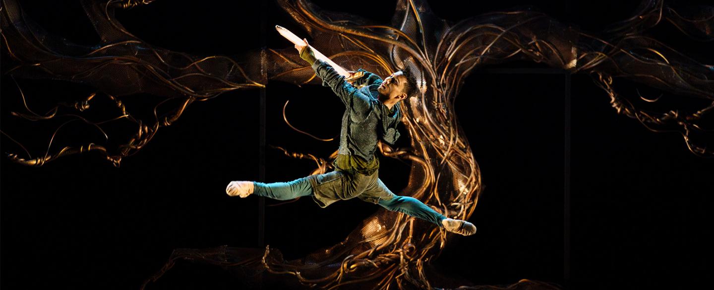 A dancer leaping in the air with a sword in his hands.